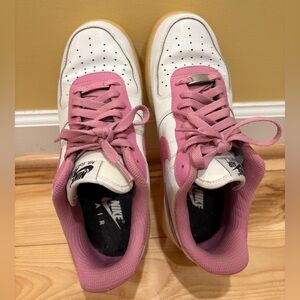 Custom Pink and white Nike Air Force 1 trainers, lightly creased